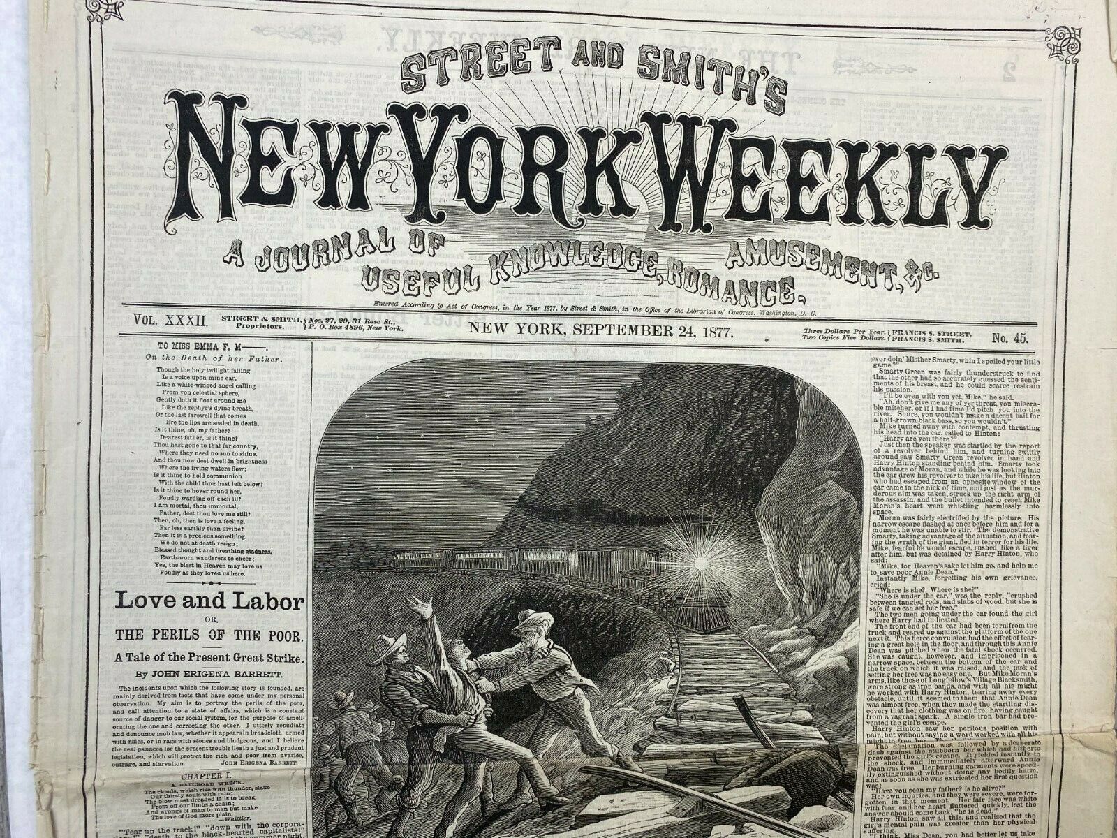 Street and Smith's NEW YORK WEEKLY Vintage Newspaper September 24, 1877 No. 45