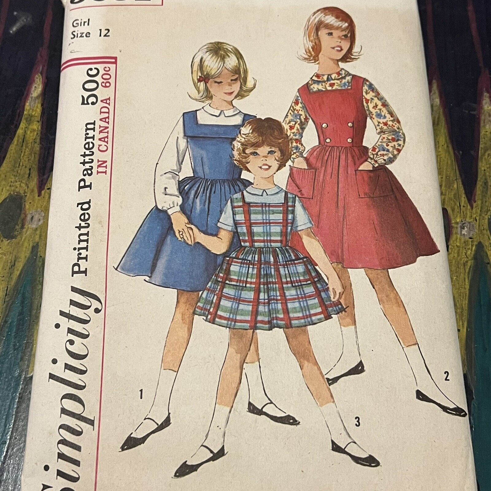 Vintage 50s Simplicity 5091 Girls Pinafore Dress + Blouse Sewing Pattern 12 CUT