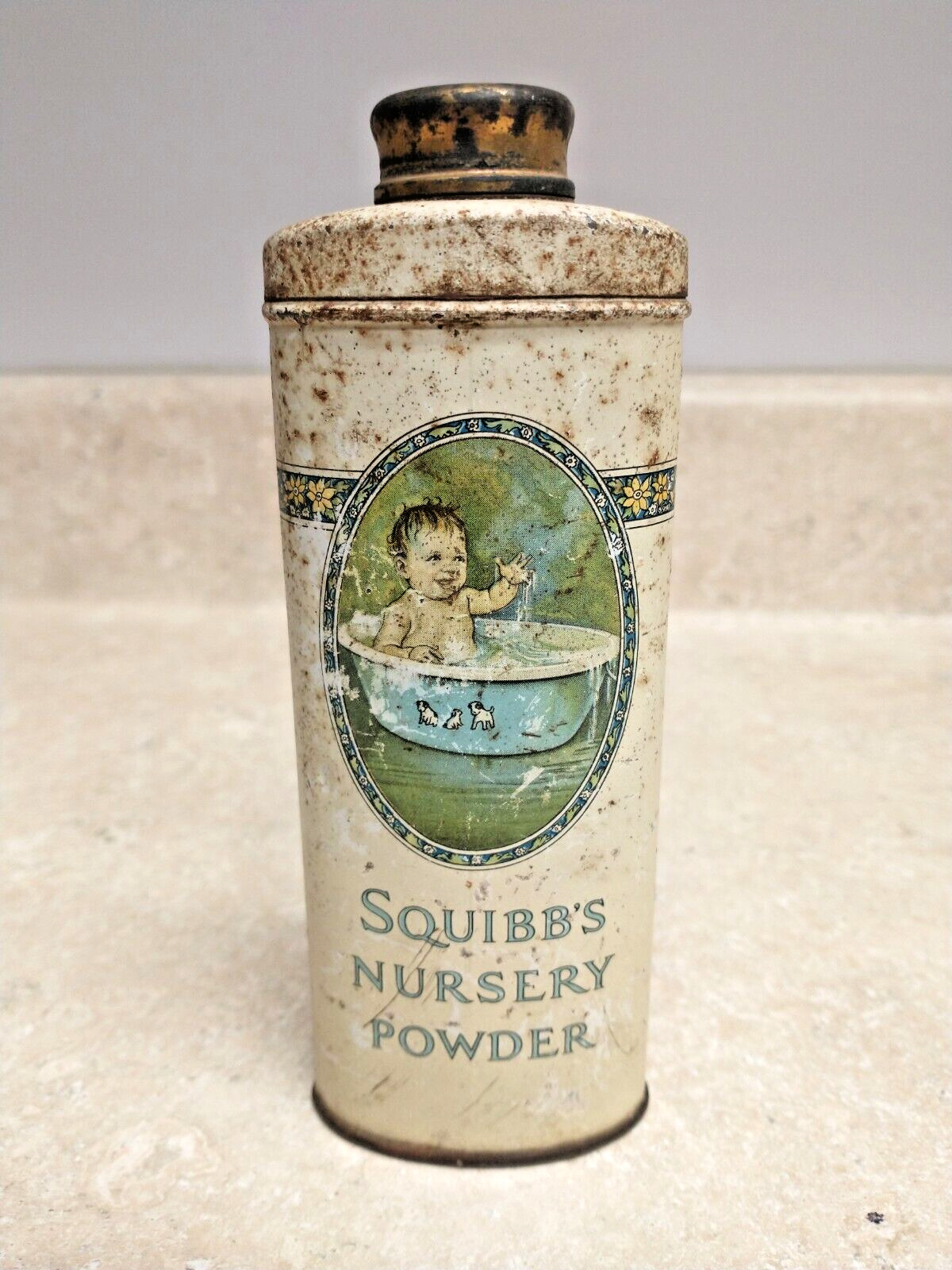 Antique c1920s ER Squibb\'s Nursery Powder Baby Tin Litho Bottle