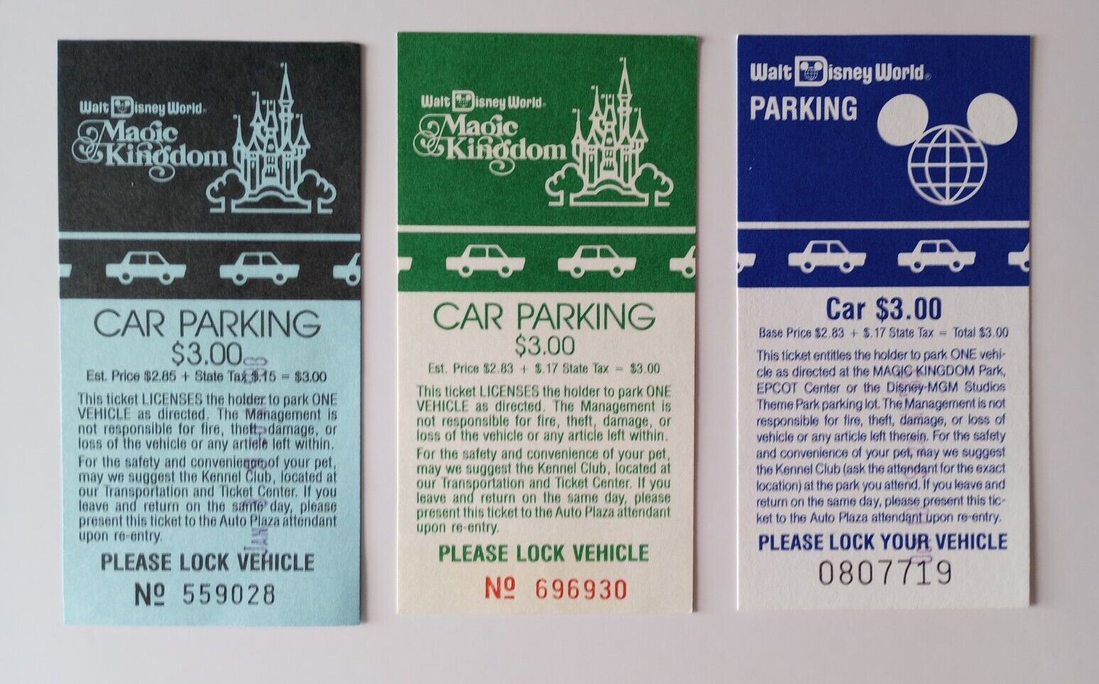 Vintage Walt Disney World 1980\'s Car Parking Receipt Ticket *Set of 3*