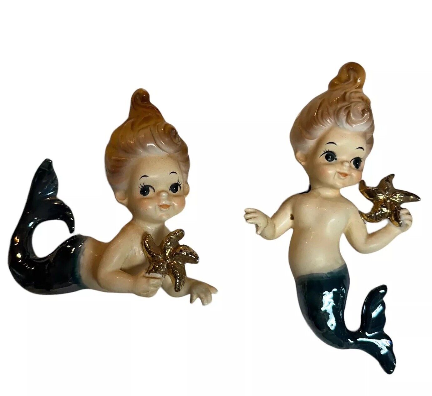 Vintage Ceramic Mermaids Wall Plaques Figurine Mermaid Gold Starfish Set *Read*