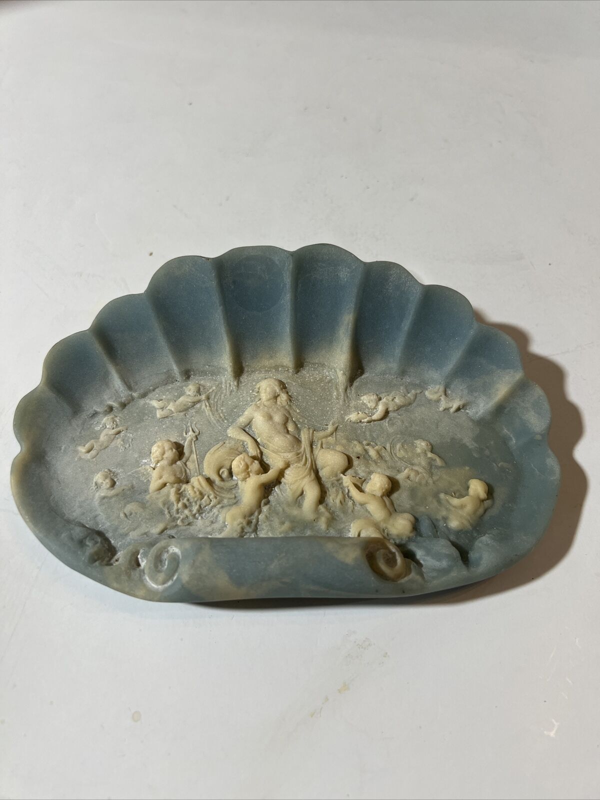Soapstone Shell  Venus Cherub’s Trinket Dish Blue & Ivory 3D Vintage