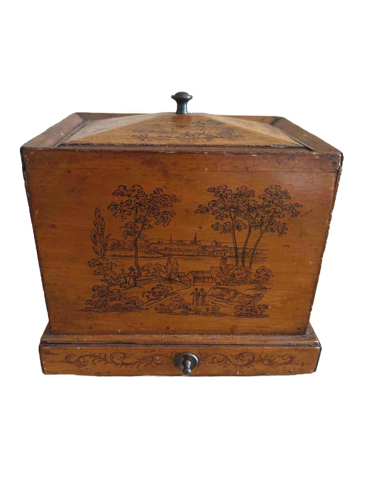 Antique French Ink Painted Miniatures Box, Circa 1840