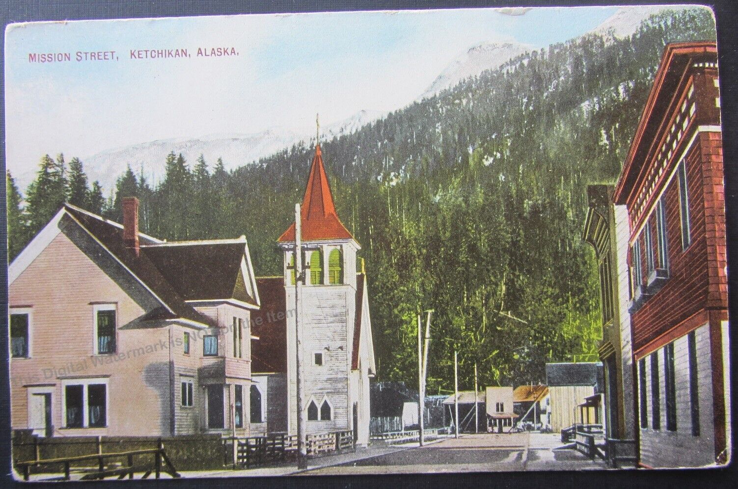 c1912 Postcard Mission Street Ketchikan Alaska Church House Lowman & Hanford
