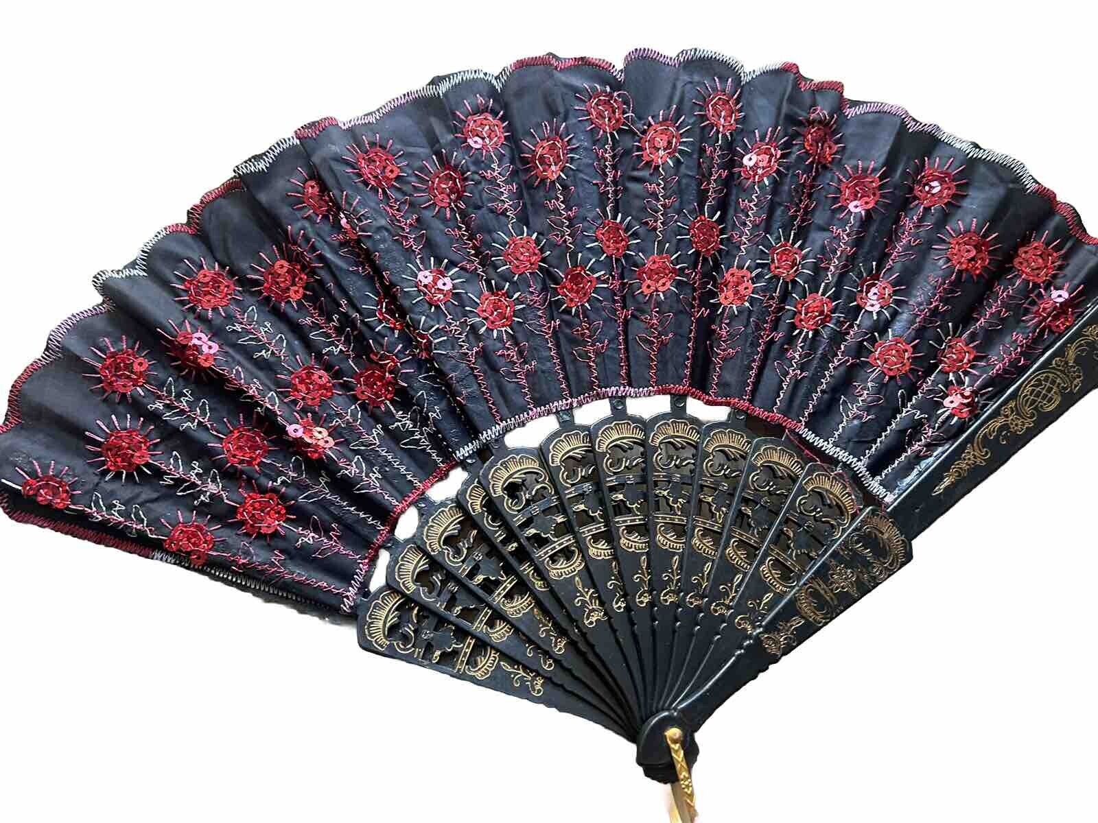 Chinese Folding Fan Black Fabric With Red Floral Stitching