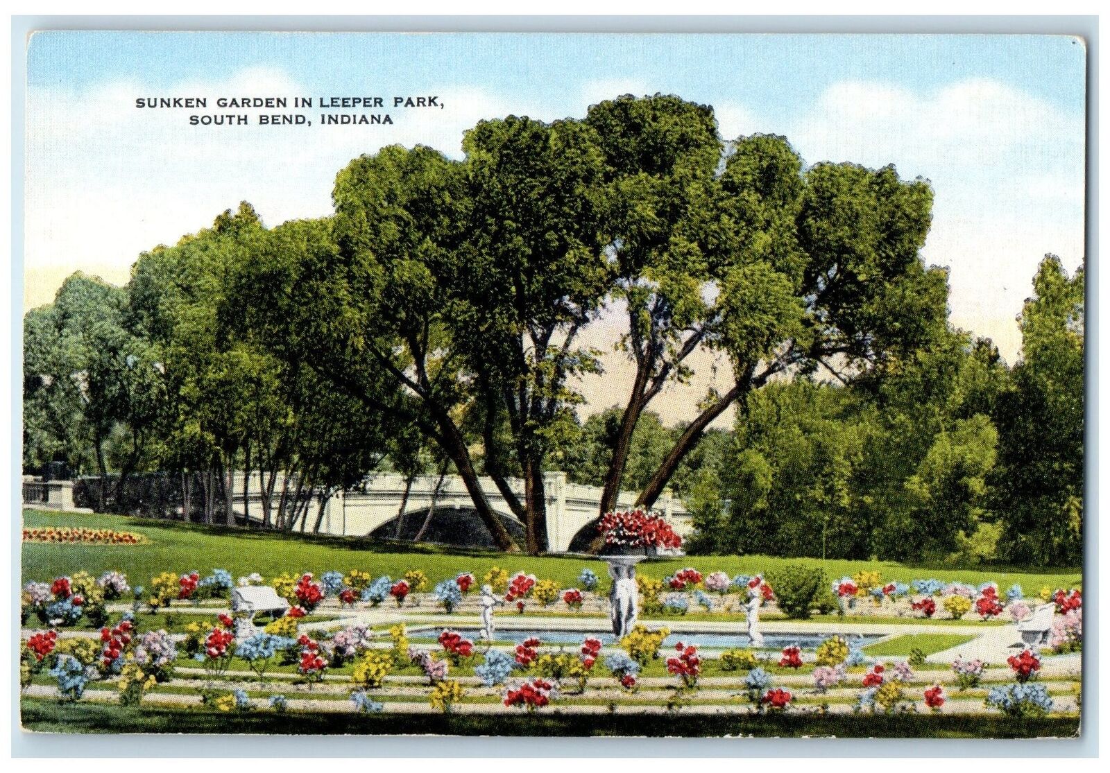 c1940s Sunken Garden Fountain In Leeper Park South Bend Indiana IN Tree Postcard