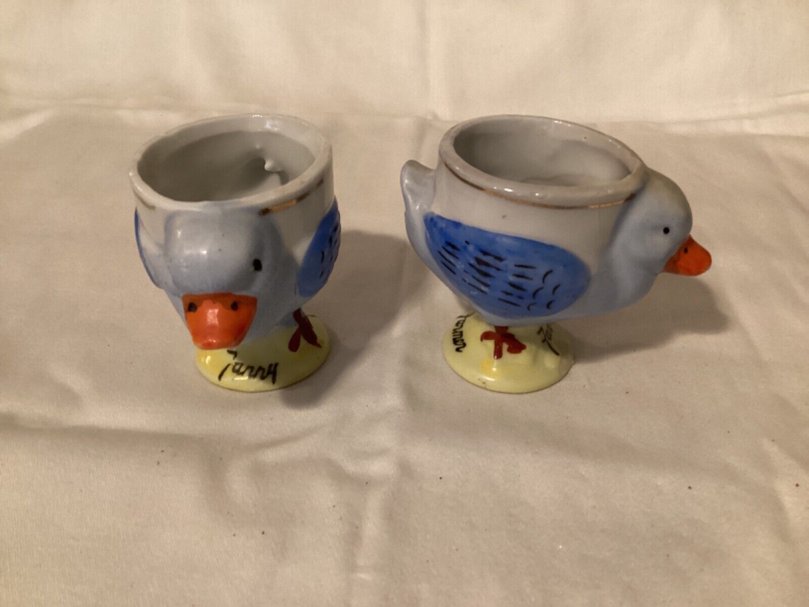 Antique Set of 2 Matching Egg Cups Cute Chickens Fanny Farmer Japan