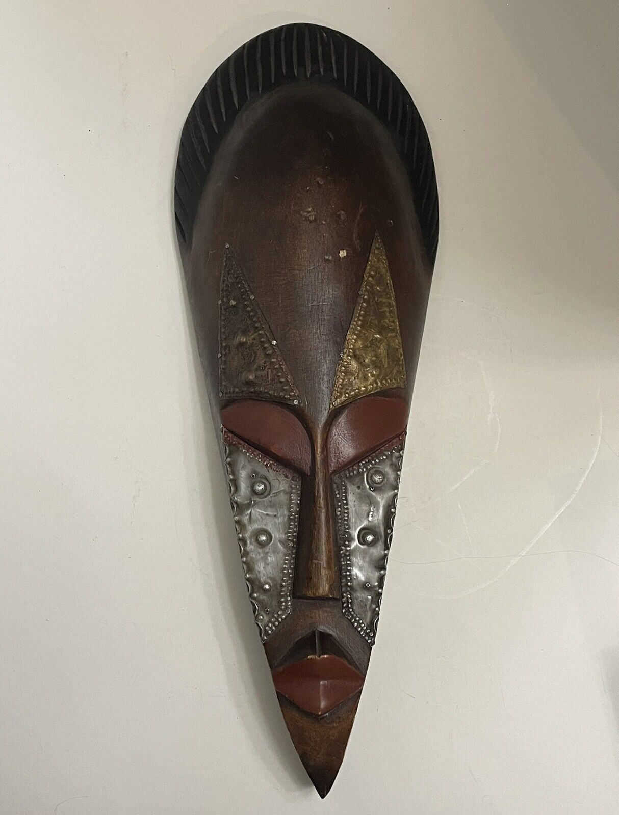 Ghana Africa Mask Wood and Tin ~ Hand Carved Tribal Mask 18 in x 6 1/2 in