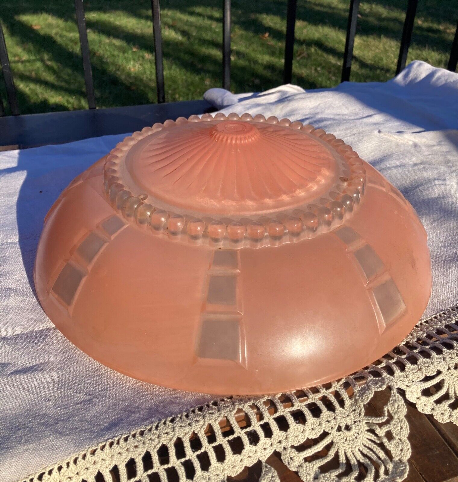 Vintage Art Deco Pink and Clear Blocked Glass 3 Hole Ceiling Light Shade 12.5”