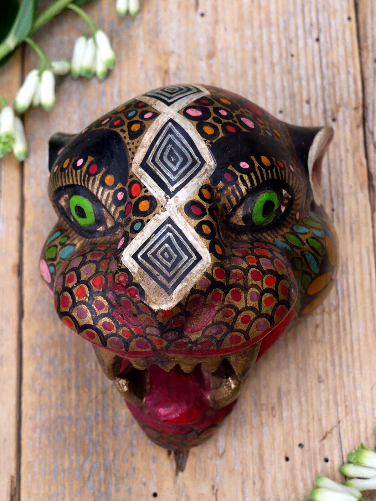 #6 Leopard Jaguar or Tiger Wood Mask Small Sz Handmade Guerrero Mexican Folk Art