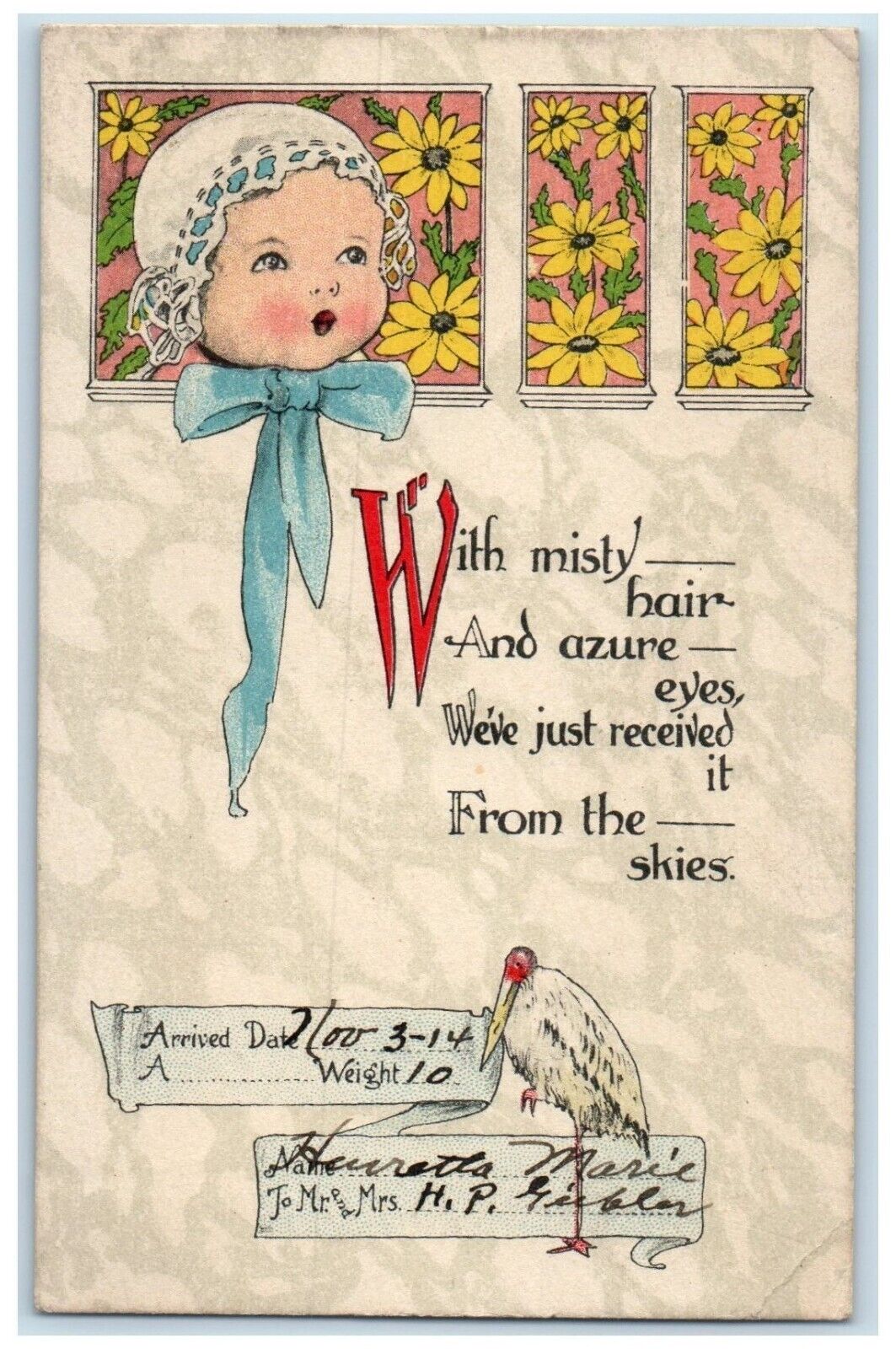1914 Stork Baby Head Flowers Hays Kansas KS Posted Antique Postcard