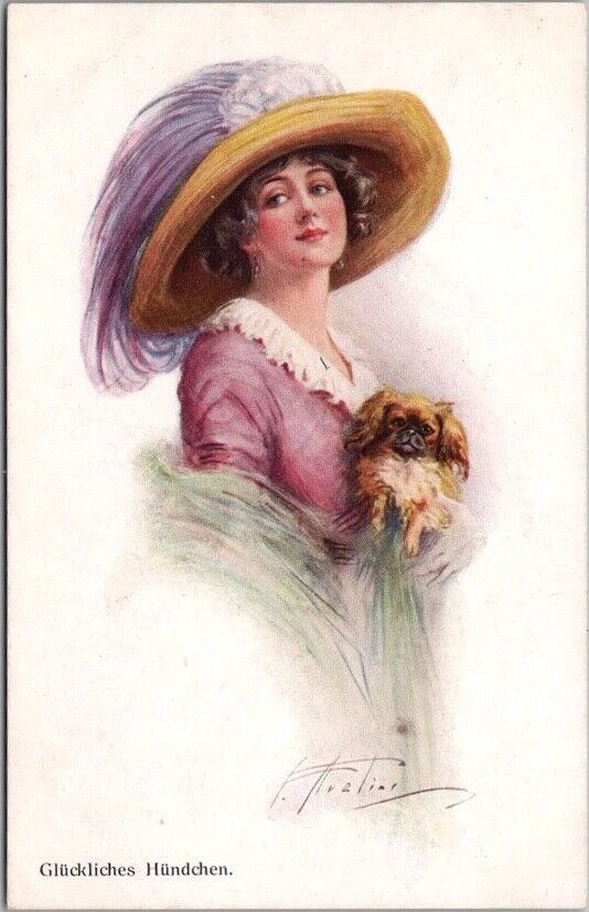 c1910s Artist-Signed FRANK AVELINE Postcard Pretty Lady & PEKINGESE DOG / Unused