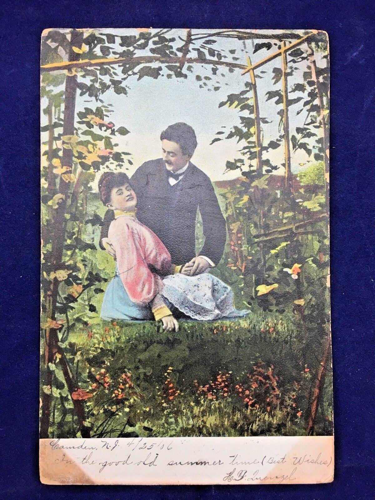 Best Wishes Loving Couple Cuddle in the Garden 1906 Antique Postcard (N9#173)