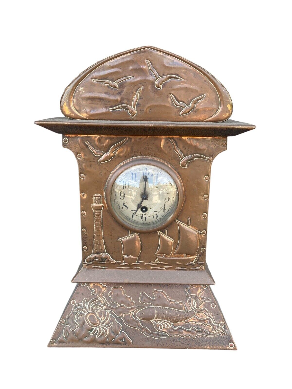 Antique Arts and Crafts Era Copper Land Sea and Sky Clock
