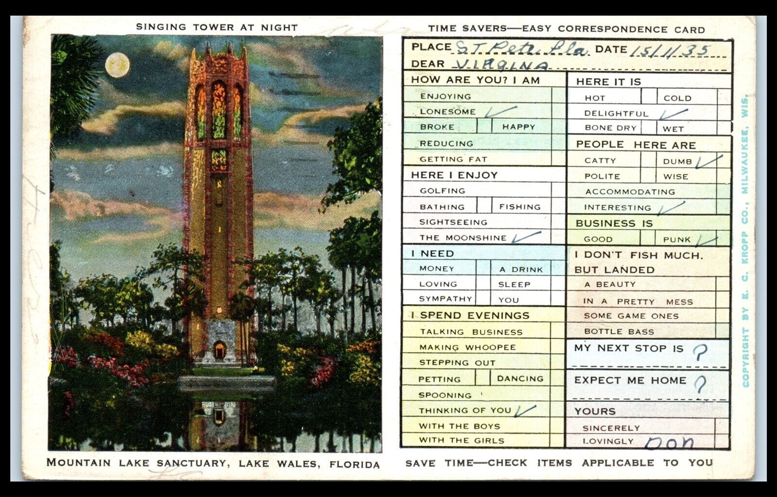 Postcard FL Lake Wales Singing Tower At Night Mountain Lake Sanctuary
