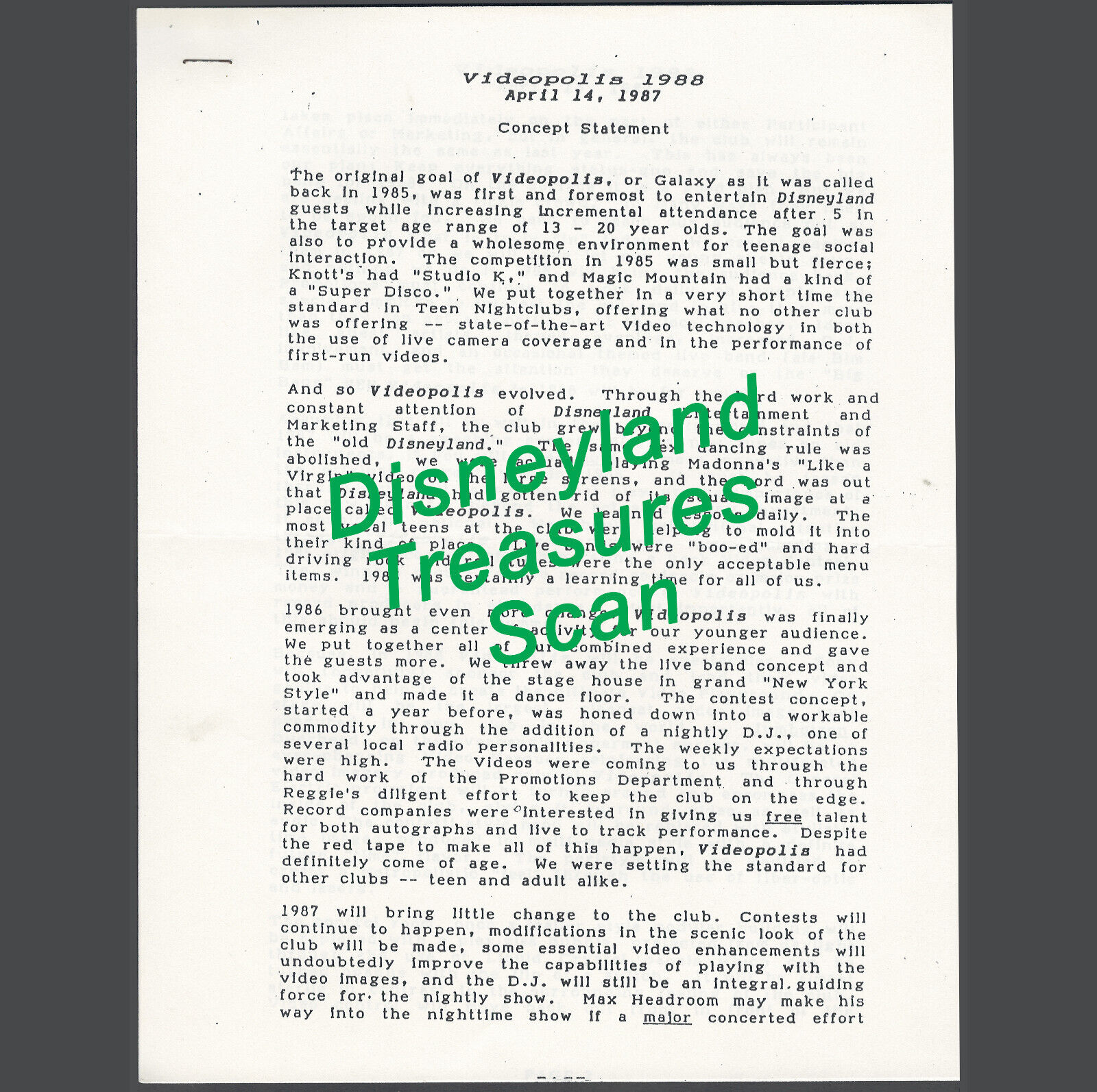 Vintage Disneyland Internal Company Document VIDEOPOLIS 1988 2.5 pages