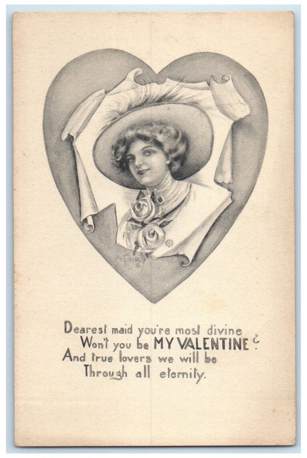 c1910\'s Valentine Woman In Big Heart Curly Hair Unposted Antique Postcard