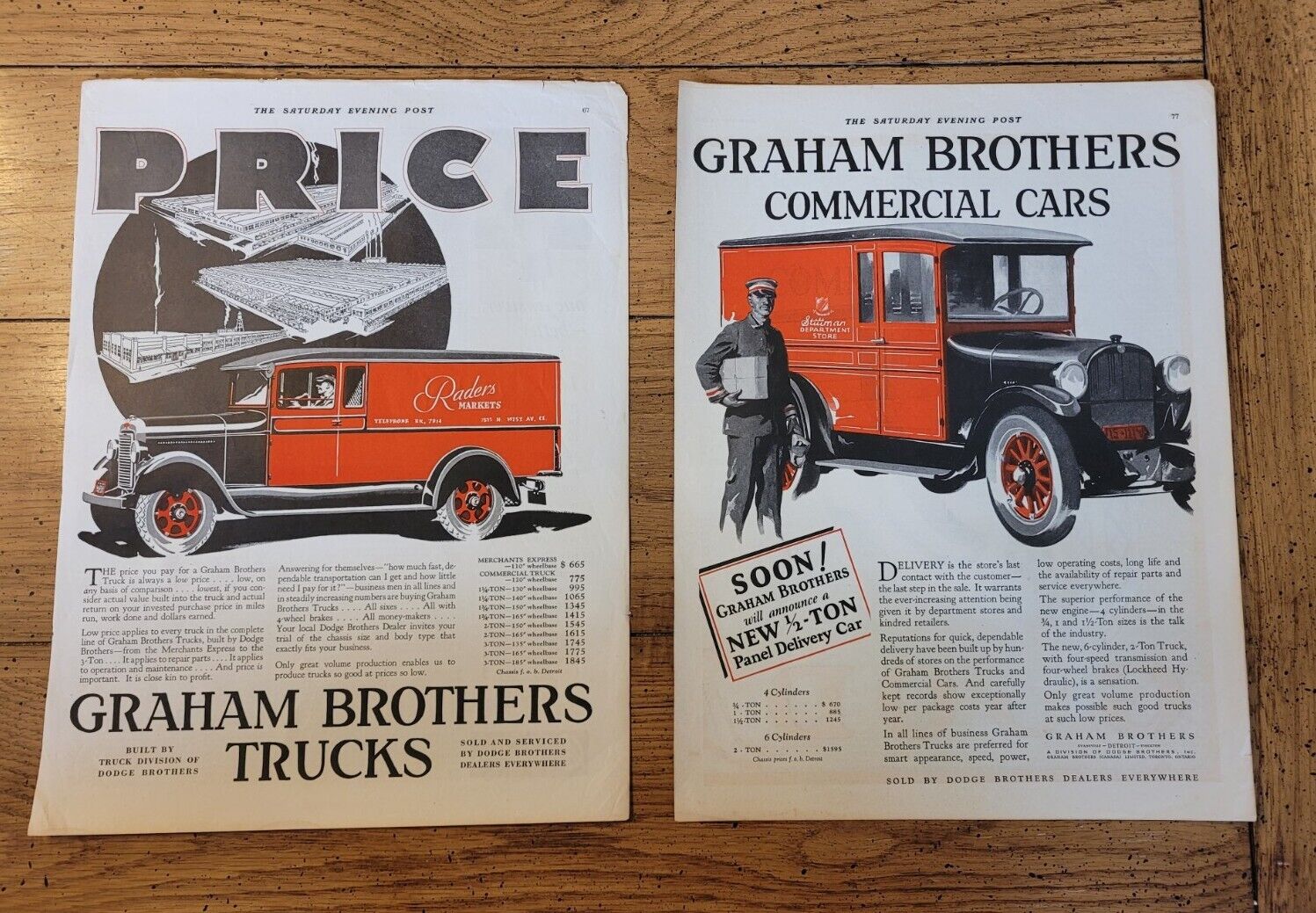 Lot of (2) Original 1927 & 1928 Graham Brothers Trucks Vintage Magazine Ads