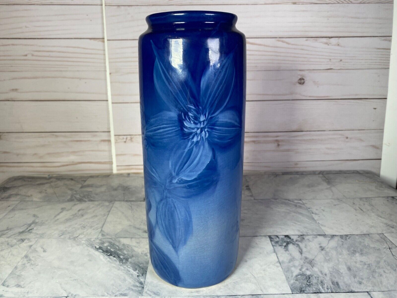 Weller Art Pottery LOUWELSA Blue Floral Decoration Cylinder Vase 10 3/4” High