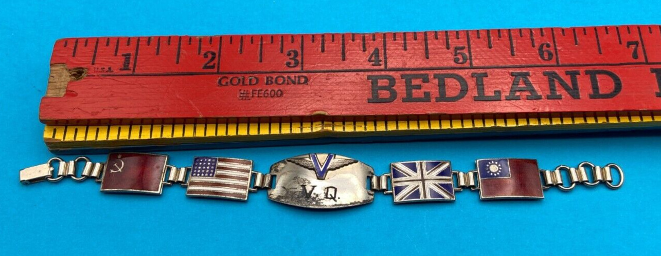 WWII Sterling Silver Enamel Victory Bracelet Allied Forces Flags Monogrammed V Q