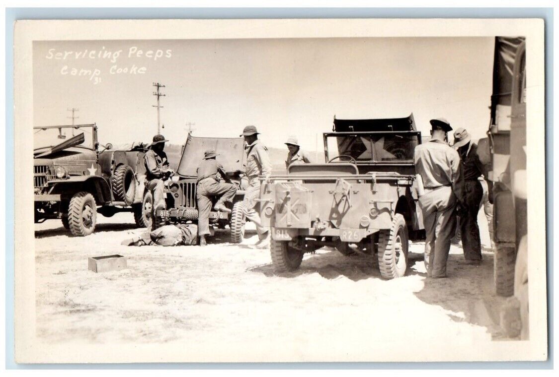 c1941 US Army Servicing Jeeps Military Camp Cooke CA RPPC Photo Postcard