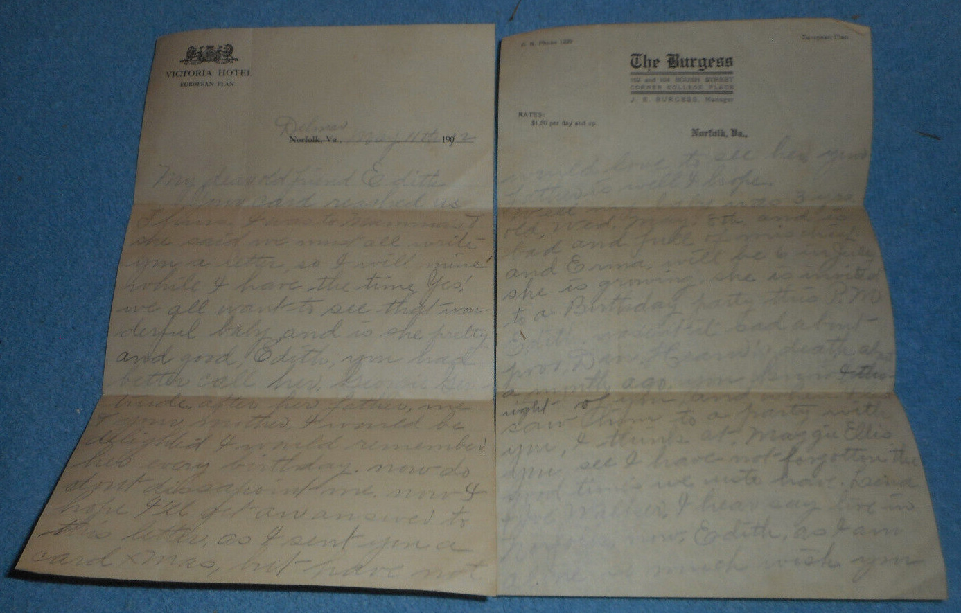 1912 Letter From Georgie Barr Parsons of Delmar MD Norfolk VA Hotel Stationery