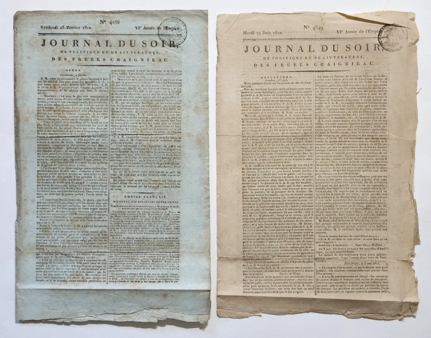 OG 1810 Napoleonic era Lot of 2 French News Paper JOURNAL DU SOIR by Chaignieau