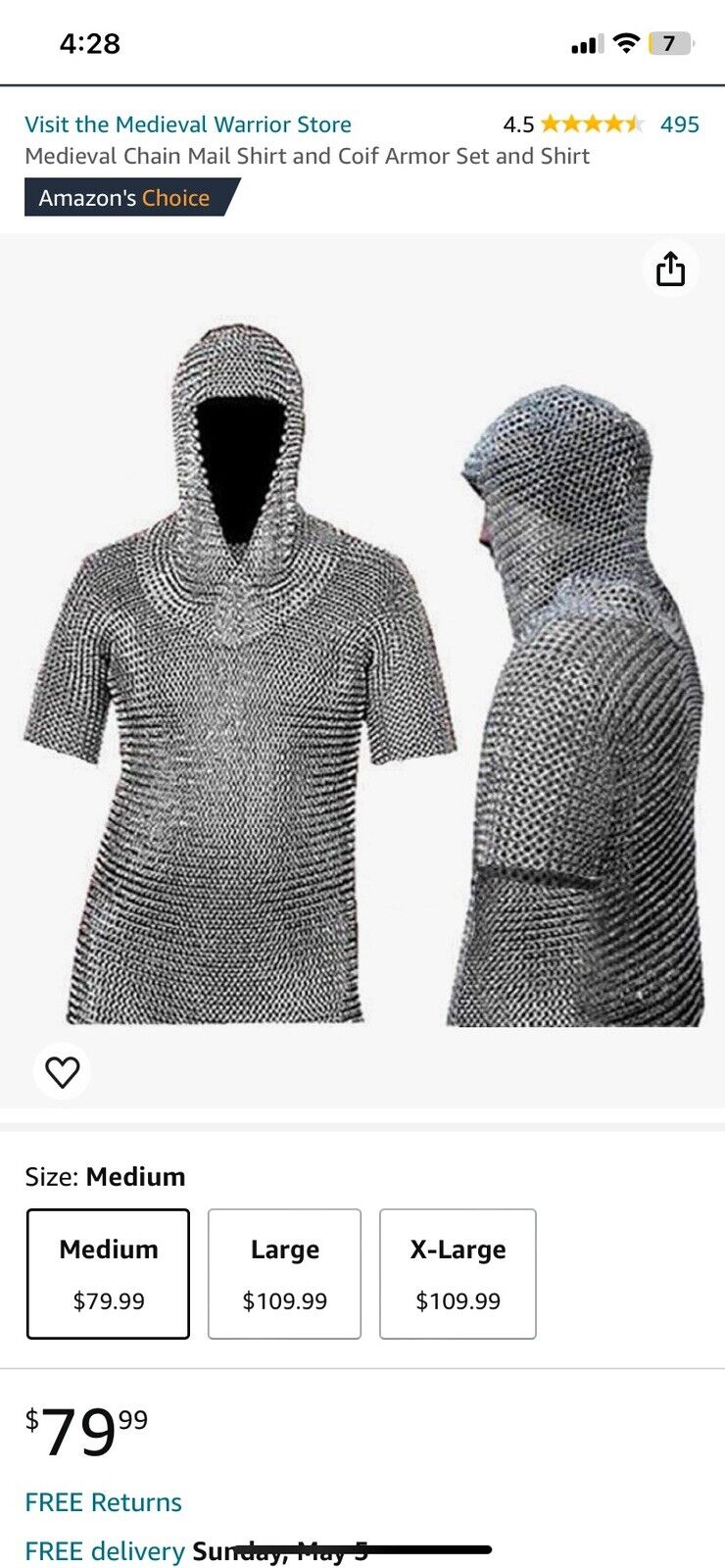 Medieval Heavy Stainless Steel Chainmail Armor Shirt Sz Med & Coif Set V Faced