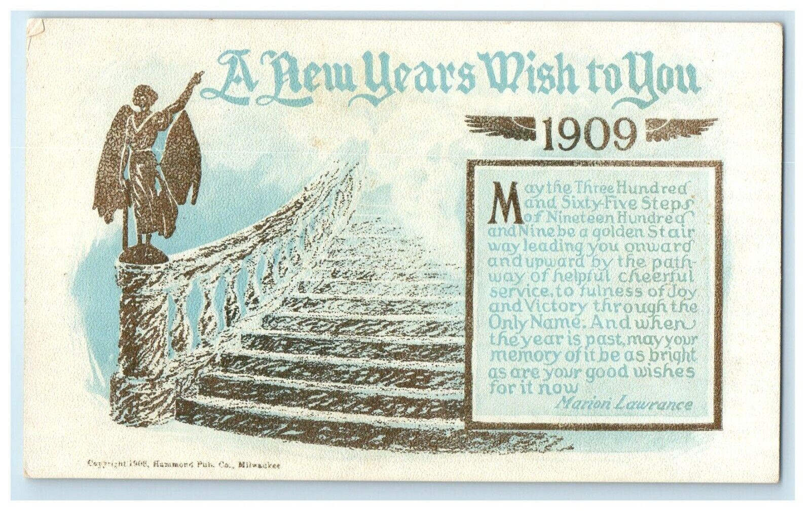 c1910 New Year Girl Angel Statue Stairs Posted Antique Postcard