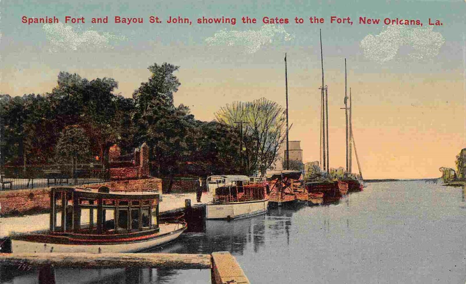 Boats Dock Spanish Fort Bayou St John New Orleans Louisiana 1910c postcard