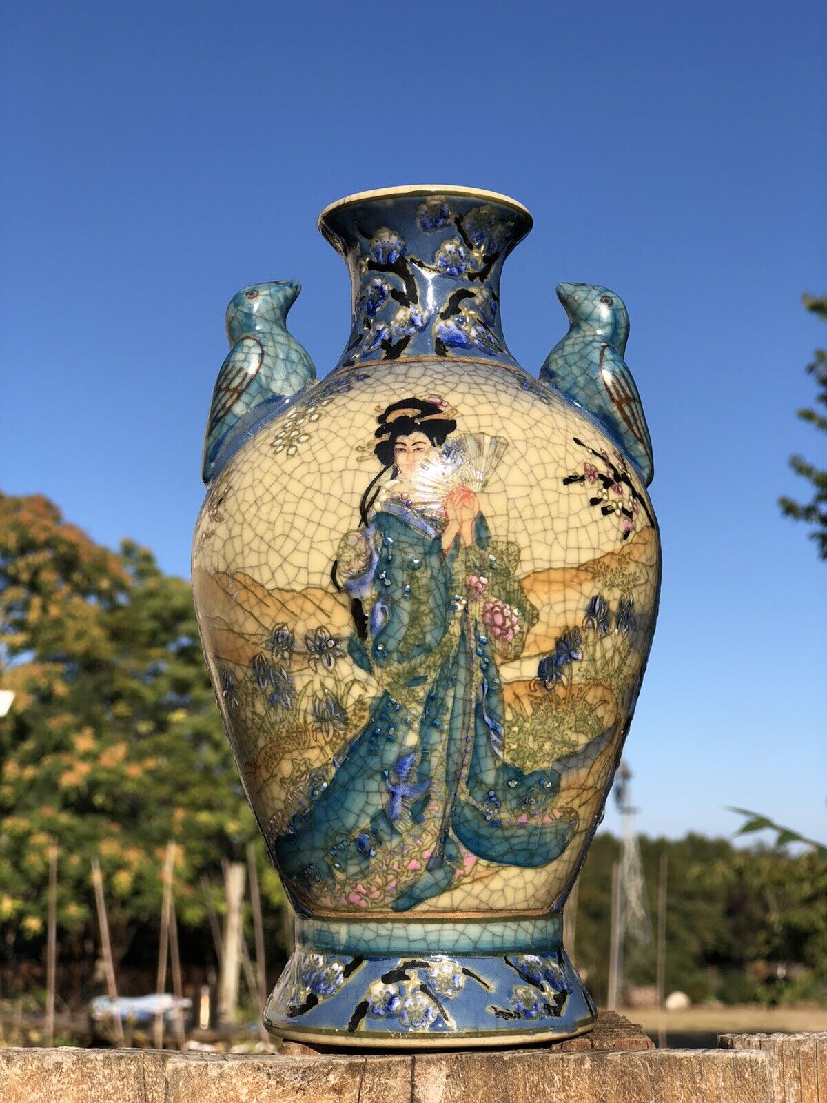 Vintage Chinese Distressed Crazed Craquelure Urn Type Vase