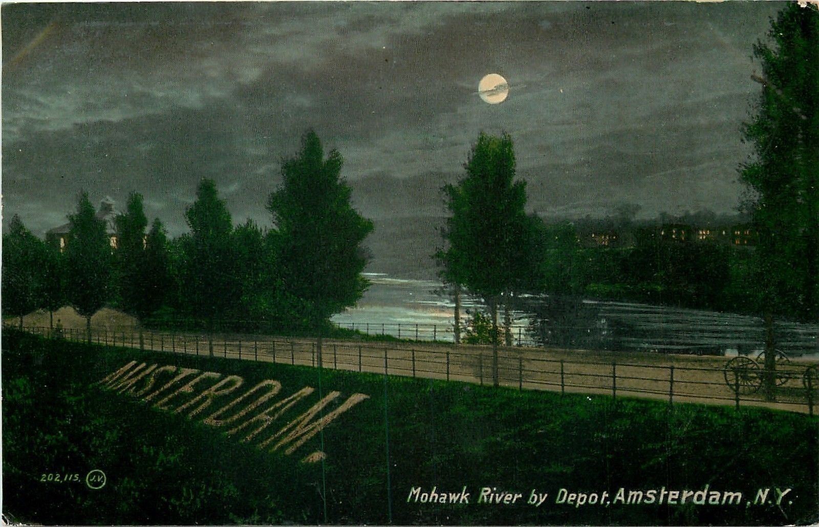 Amsterdam New York~Mohawk River by the Depot by Moonlight~City in Grass~1910