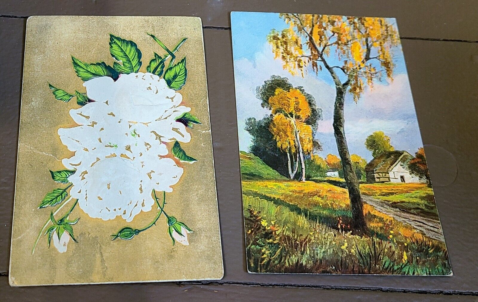 2 Antique Greetings Postcards - White Roses and Autumn Scene