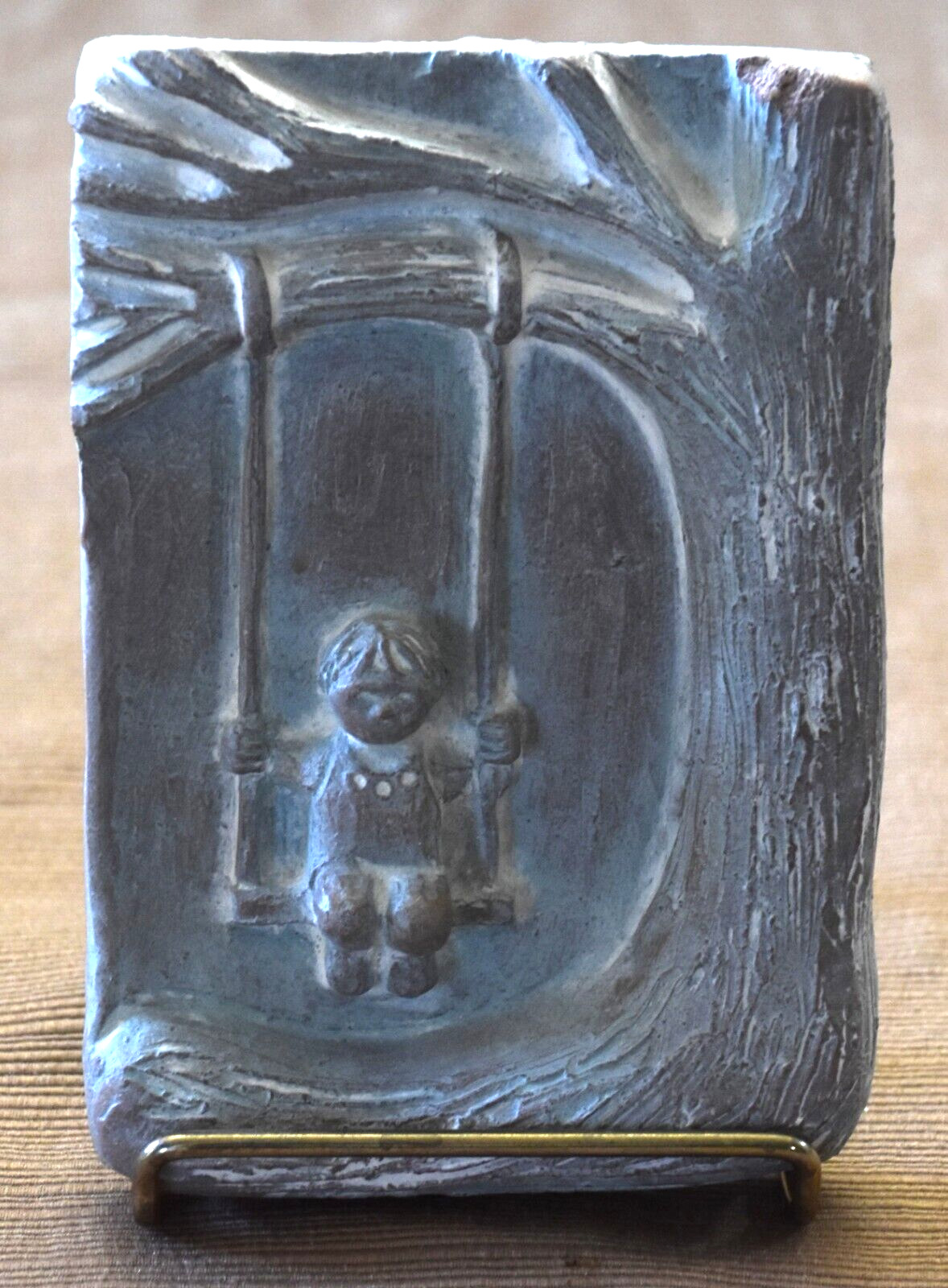Isabel Bloom Child on Swing 1986 Concrete Plaque Wall Hanging Signed Garden 6x4\