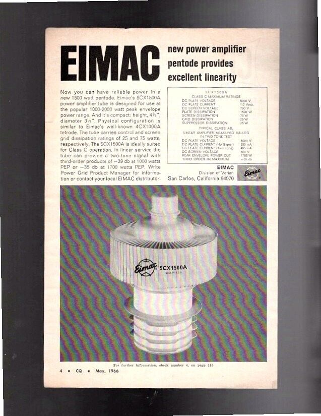 1966 Electronic Ad--EIMAC POWER AMPLIFIER PENTODE 5CX1500A--Free Ship