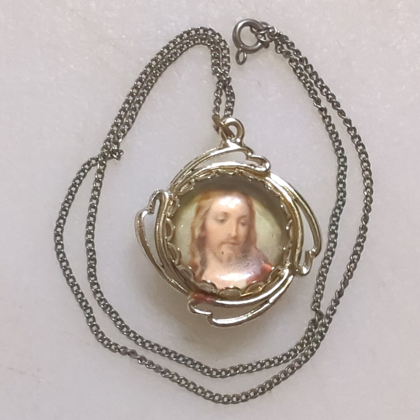 Vintage Jesus Mary Double Pendant Reversible Double Sided Clear Cabochon 15\