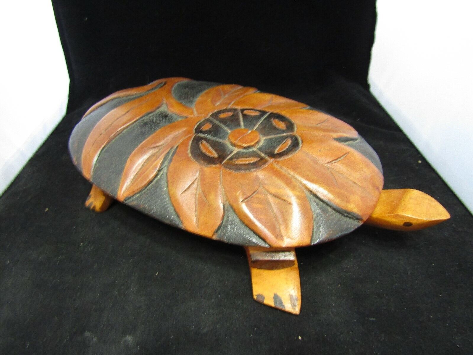 Vintage Large Hand Craved and Painted Wood Art Turtle- With Lid  ~12.5” x 2.75”