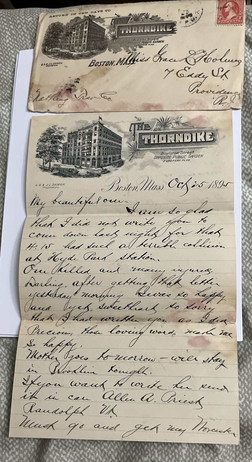 Antique 1895 Letter The Thorndike Hotel Letterhead Boston Massachusetts MA