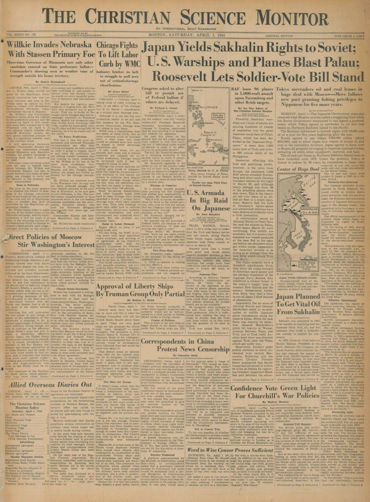 April 1, 1944 WWII Original Birthday Int. Newspaper JAPAN SAKHALIN PALAU RUSSIA
