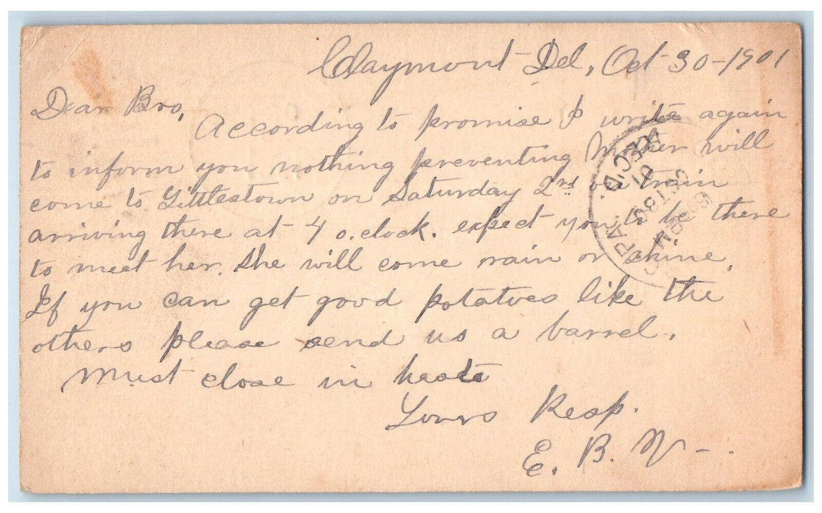 1901 E.B.V. Claymont Delaware DE Adams Co. Pennsylvania PA Postal Card