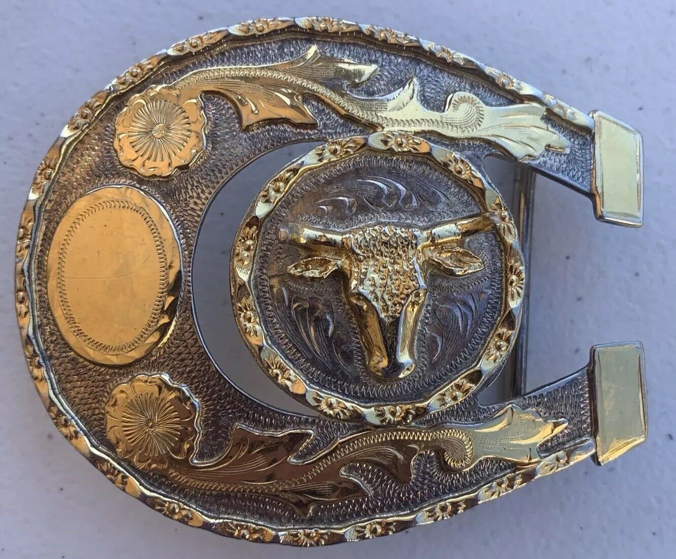 Vintage Alpaca Mexico Horseshoe Rodeo Cowboy Belt Buckle - Silver & Gold Steer