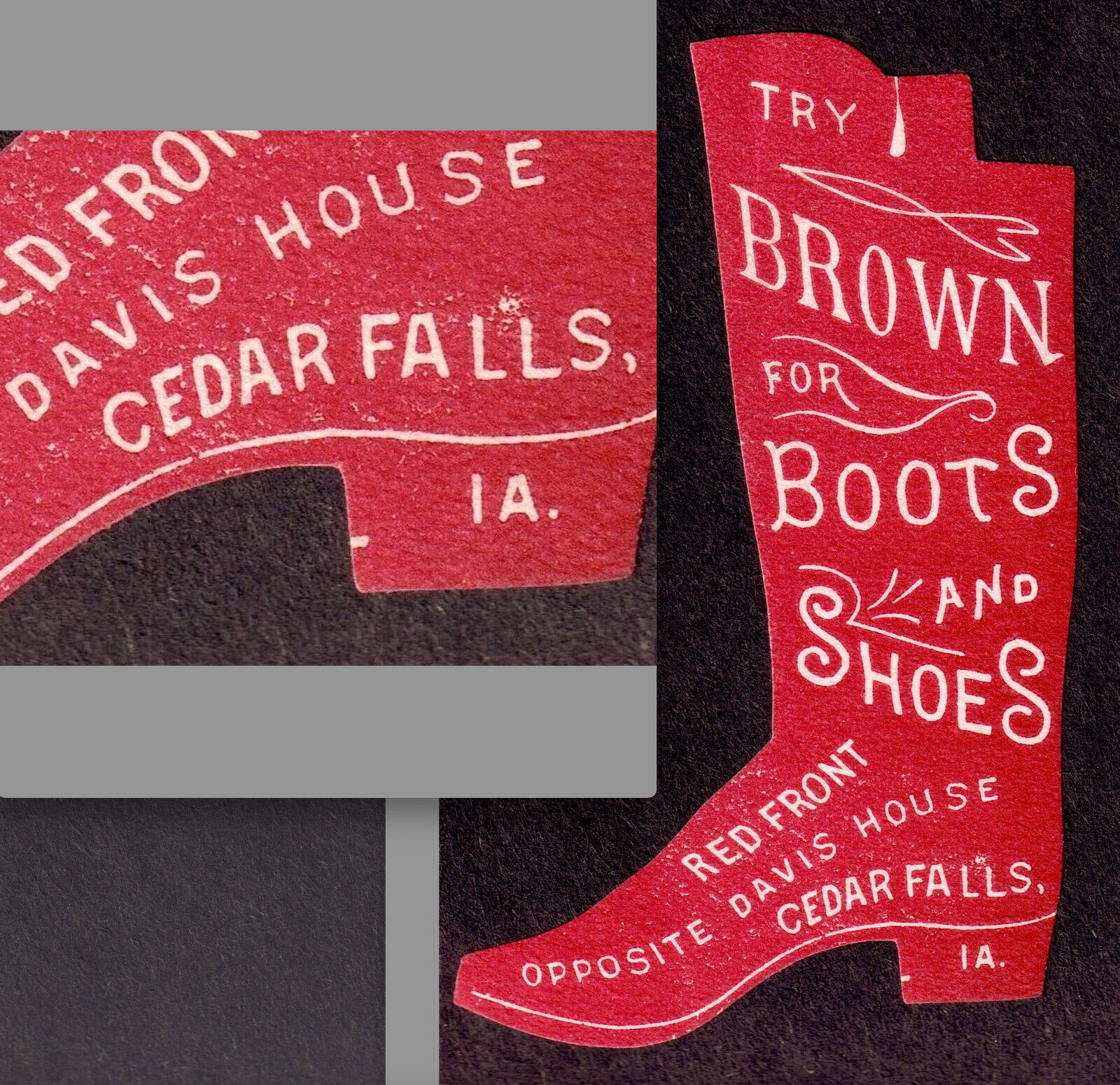 Antique 1880's Cowboy Boot Dealer Davis House Hotel Cedar Falls Iowa Trade Card