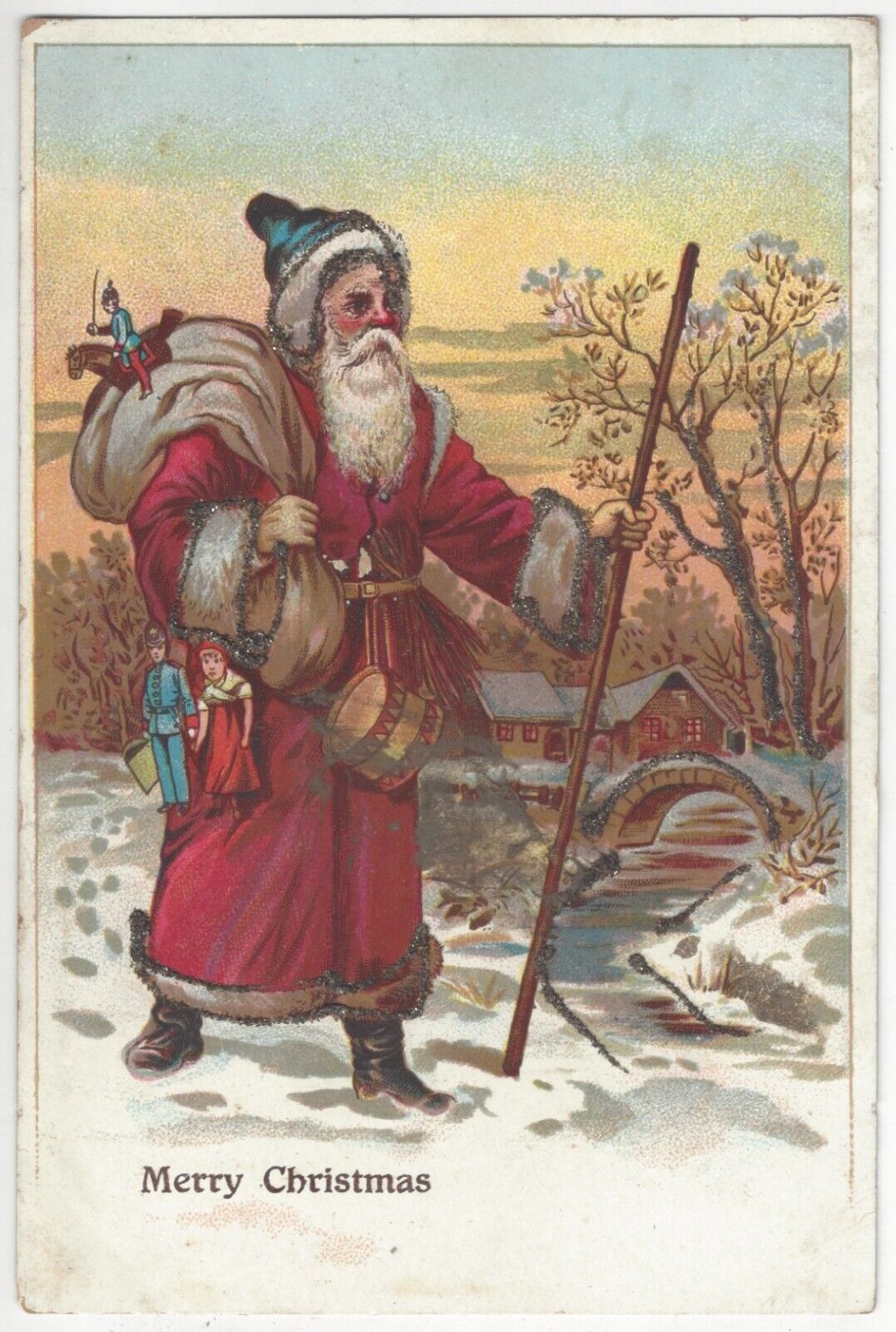1908 German Christmas SANTA CLAUS Walking Through Snow w/ Gifts - Old Postcard