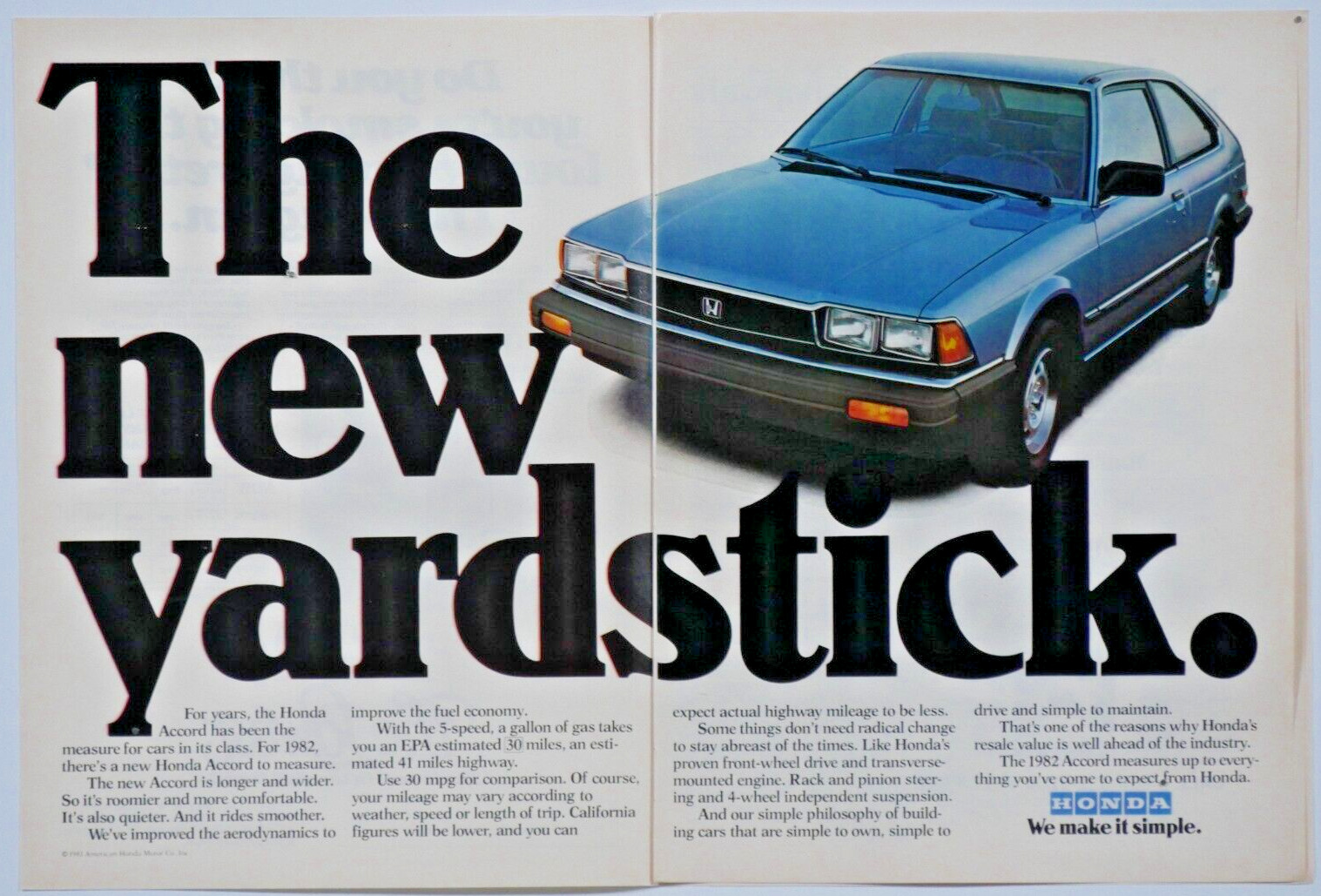 1982 Honda Accord 2 Door Sedan Vintage Original Print 2 Page Ad