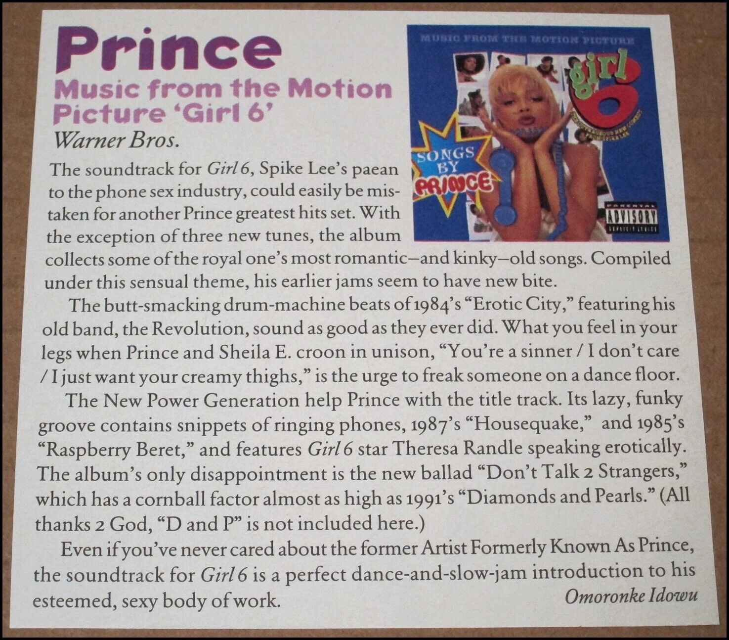 1996 Prince Girl 6 Soundtrack Album Review VIBE Clipping 4.5\