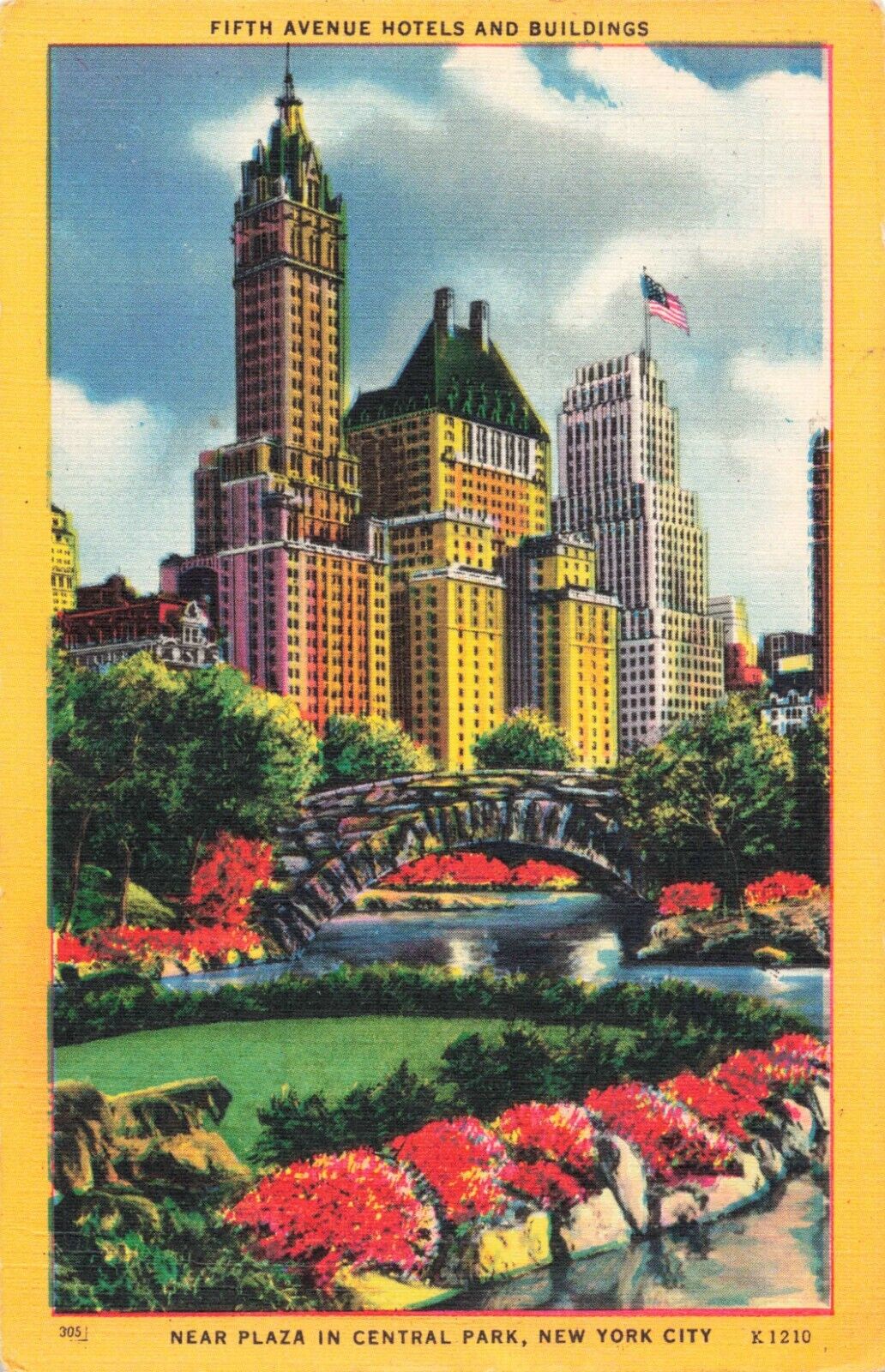 New York City NY, Fifth Avenue Hotels, Central Park, Vintage Postcard