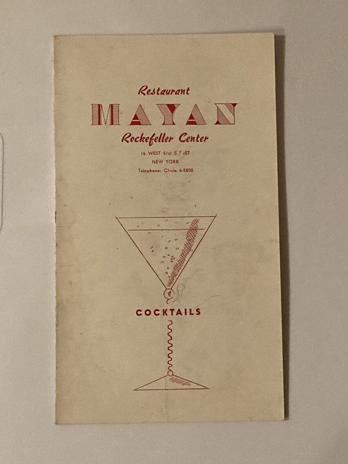 Restaurant Mayan - Rockefeller Center - Cocktail Menu 1950s? Vintage New York NY