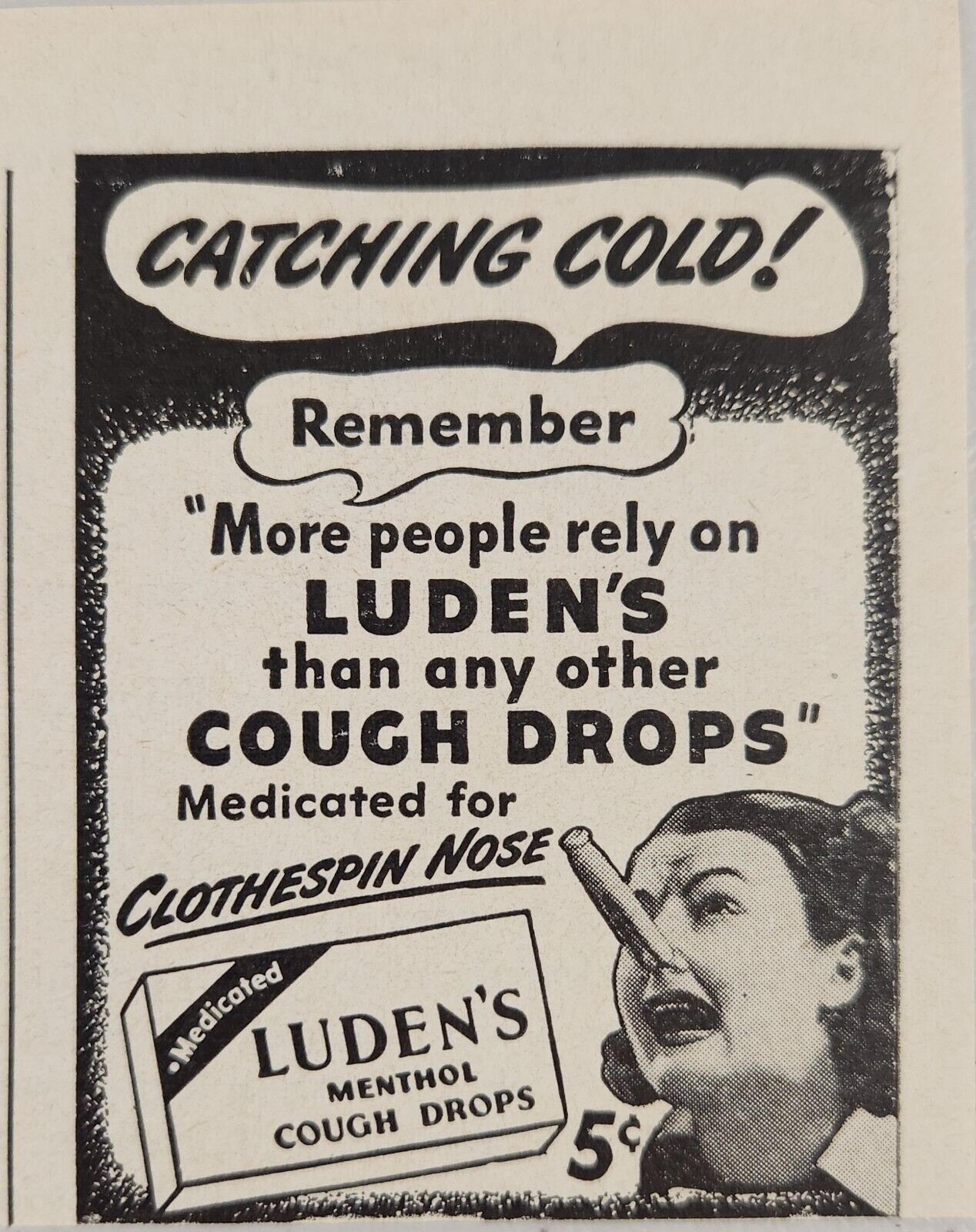 1947 Print Ad Luden\'s Menthol Cough Drops for Clothespin Nose & Lady
