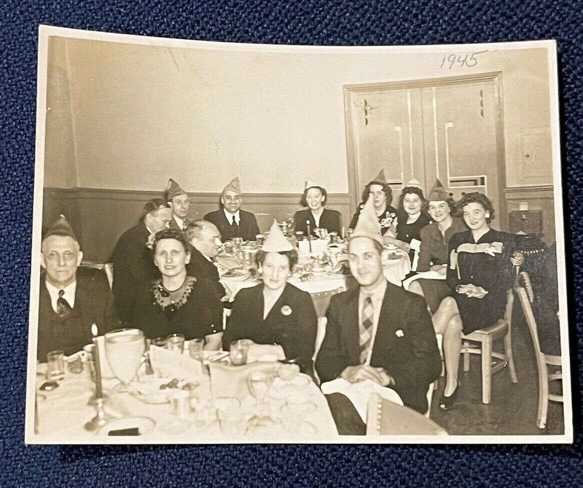 Christmas Party Paper Hats Rose Room B&W 3x4 Vintage 1945 Photograph