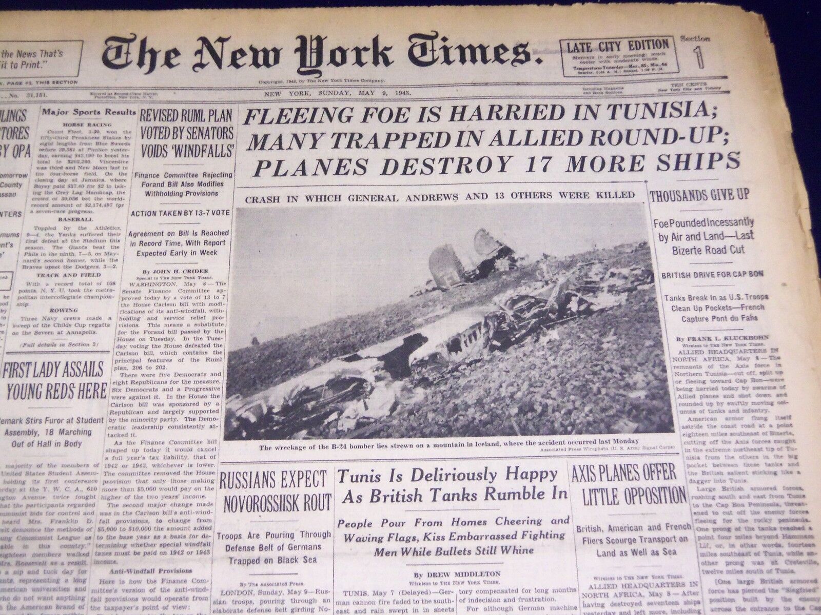 1943 MAY 9 NEW YORK TIMES - FLEEING FOE IS HARRIED IN TUNISIA - NT 1035